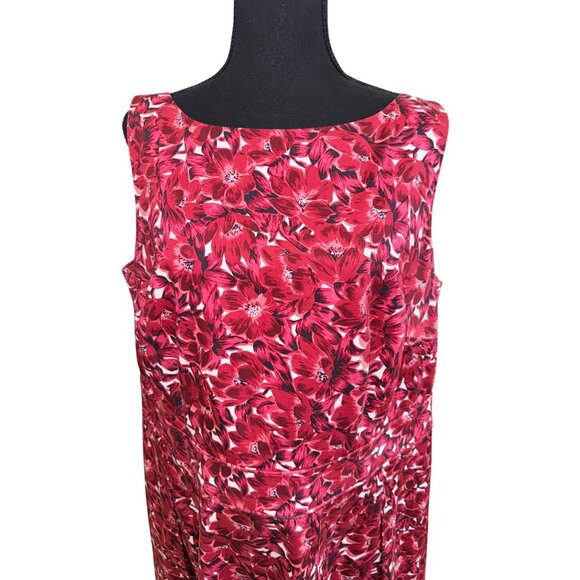 Talbots Red Floral Sleeveless Dress 14W Cotton/Spandex Pockets Boho Cottage Core - Picture 3 of 12